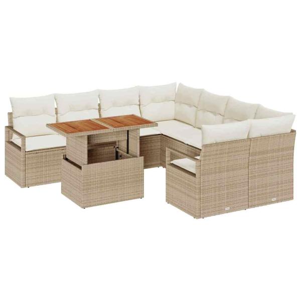 9-teiliges Garten-Sofa-Set mit Kissen Beige Poly Rattan Akazie, 2-Sitzer Garten-Sofa mit Kissen Beige Poly Rattan