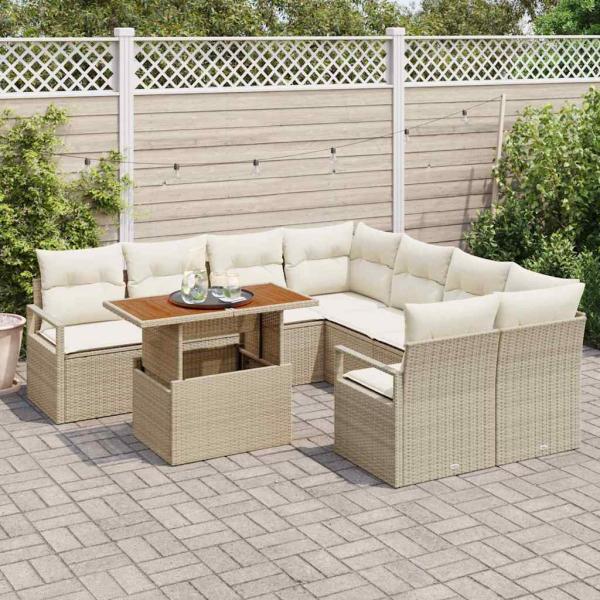 9-teiliges Garten-Sofa-Set mit Kissen Beige Poly Rattan Akazie, 2-Sitzer Garten-Sofa mit Kissen Beige Poly Rattan
