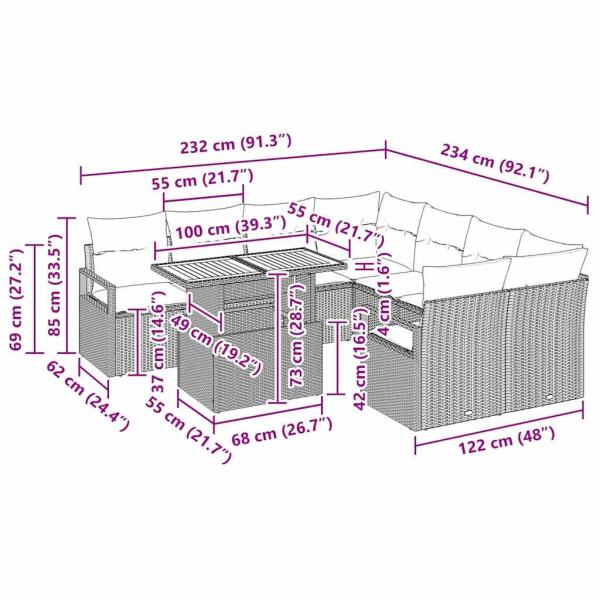 9-teiliges Garten-Sofa-Set mit Kissen Beige Poly Rattan Akazie, 2-Sitzer Garten-Sofa mit Kissen Beige Poly Rattan
