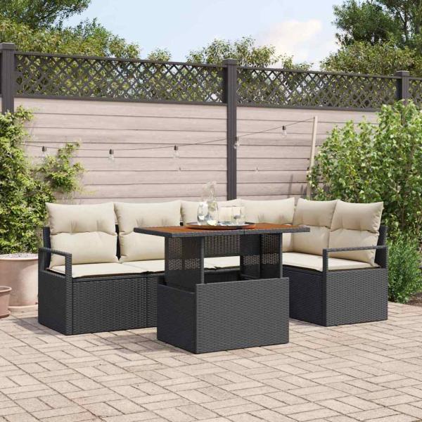 ARDEBO.de - 6-teiliges Garten Sofaset mit Kissen Schwarz Poly Rattan Akazie, 2-Sitzer Garten Sofa mit Kissen Schwarz Poly Rattan