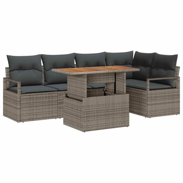 6-teiliges Garten Sofa Set mit Kissen Grau Poly Rattan Akazie, 2-Sitzer Garten Sofa mit Kissen Grau Poly Rattan