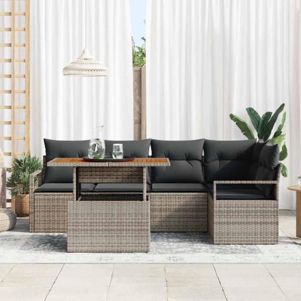 6-teiliges Garten Sofa Set mit Kissen Grau Poly Rattan Akazie, 2-Sitzer Garten Sofa mit Kissen Grau Poly Rattan