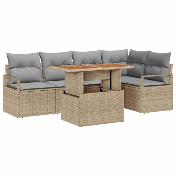 6-teiliges Garten Sofa Set mit Kissen Beige Poly Rattan Akazie, 2-Sitzer Garten Sofa mit Kissen Beige Poly Rattan