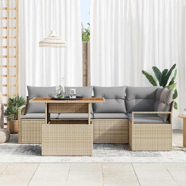 6-teiliges Garten Sofa Set mit Kissen Beige Poly Rattan Akazie, 2-Sitzer Garten Sofa mit Kissen Beige Poly Rattan