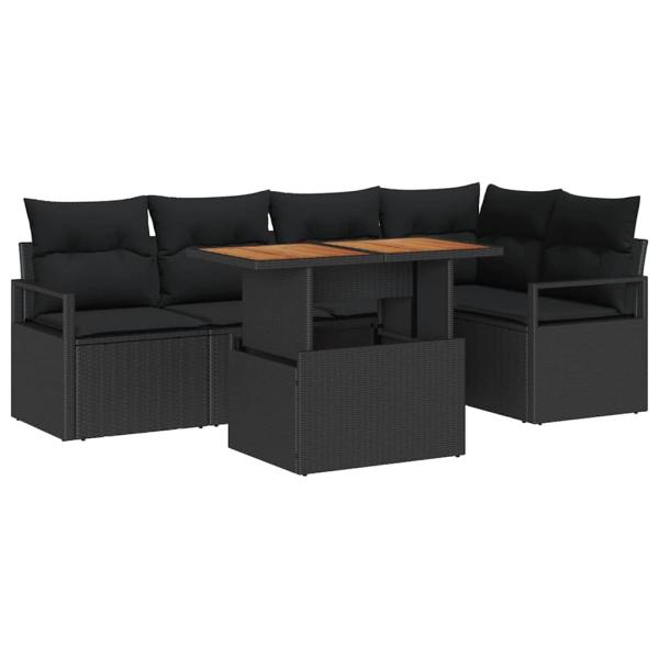 6-teiliges Garten-Sofa-Set mit Kissen Schwarz Poly Rattan Akazie, 2-Sitzer Garten-Sofa mit Kissen Schwarz Poly Rattan