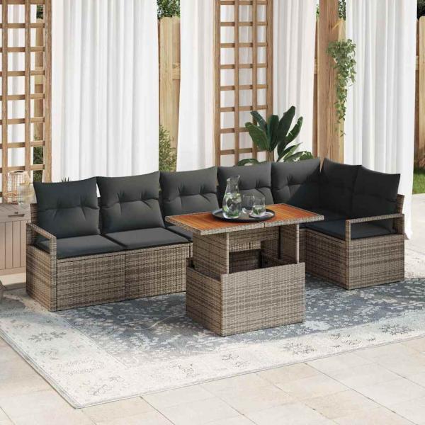 ARDEBO.de - 7-teiliges Garten Sofaset mit Kissen Grau Poly Rattan Akazie, 2-Sitzer Gartensofa mit Kissen Grau Poly Rattan