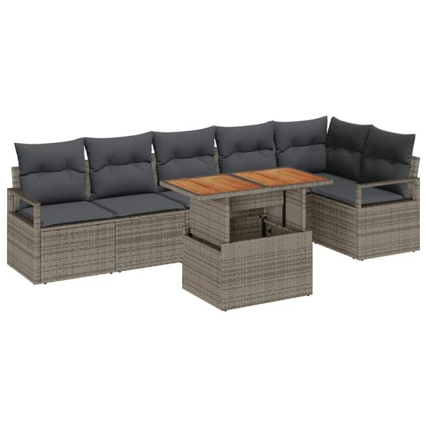 7-teiliges Garten Sofaset mit Kissen Grau Poly Rattan Akazie, 2-Sitzer Gartensofa mit Kissen Grau Poly Rattan