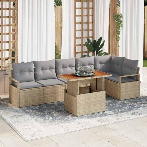 ARDEBO.de - 7-teiliges Garten Sofa Set mit Kissen Beige Poly Rattan Akazie, 2-Sitzer Garten Sofa mit Kissen Beige Poly Rattan
