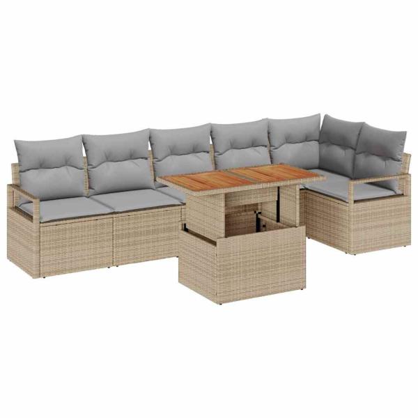 7-teiliges Garten Sofa Set mit Kissen Beige Poly Rattan Akazie, 2-Sitzer Garten Sofa mit Kissen Beige Poly Rattan