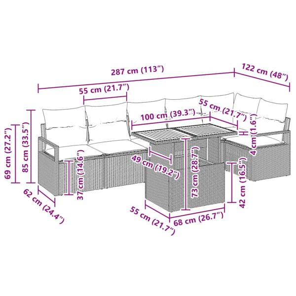 7-teiliges Garten Sofa Set mit Kissen Beige Poly Rattan Akazie, 2-Sitzer Garten Sofa mit Kissen Beige Poly Rattan