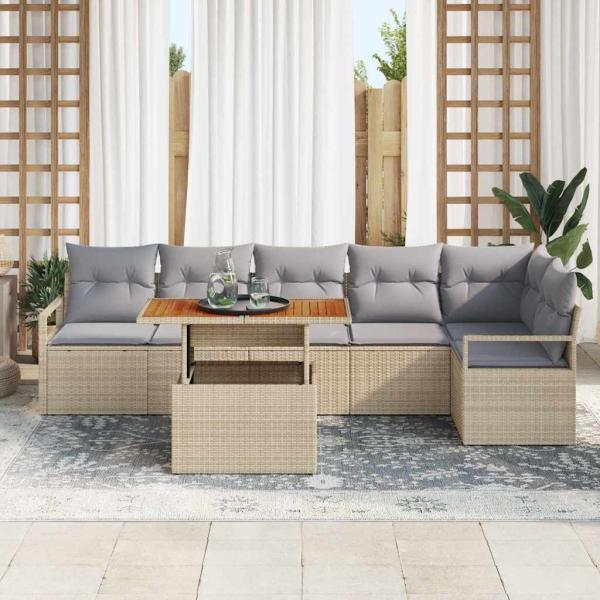 7-teiliges Garten Sofa Set mit Kissen Beige Poly Rattan Akazie, 2-Sitzer Garten Sofa mit Kissen Beige Poly Rattan