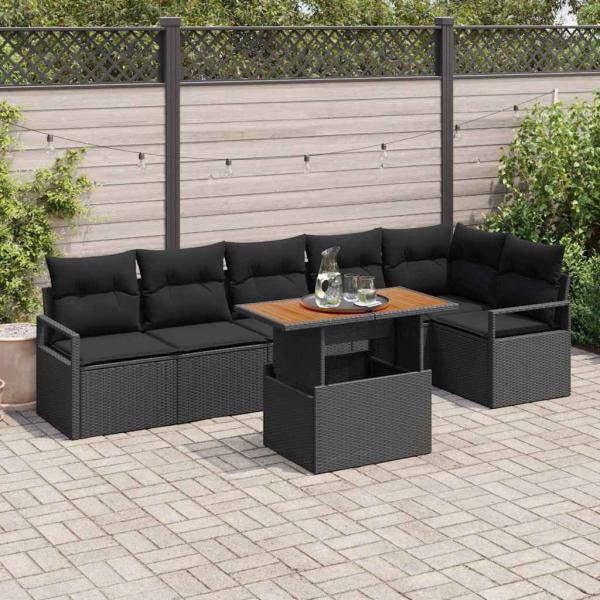 ARDEBO.de - 7-teiliges Garten-Sofaset mit Kissen Schwarz Poly-Rattan Akazie, 2-Sitzer Garten-Sofa mit Kissen Schwarz Poly-Rattan