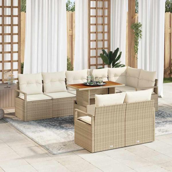 ARDEBO.de - 9-teiliges Garten Sofa Set mit Kissen Beige Poly Rattan Akazie, 2-Sitzer Garten Sofa mit Kissen Beige Poly Rattan