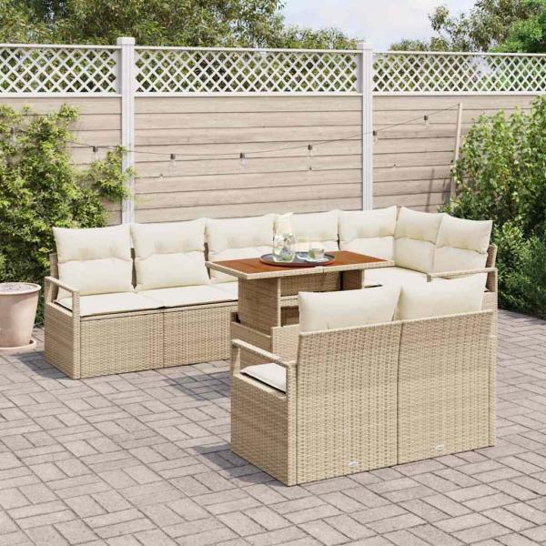 9-teiliges Garten Sofa Set mit Kissen Beige Poly Rattan Akazie, 2-Sitzer Garten Sofa mit Kissen Beige Poly Rattan