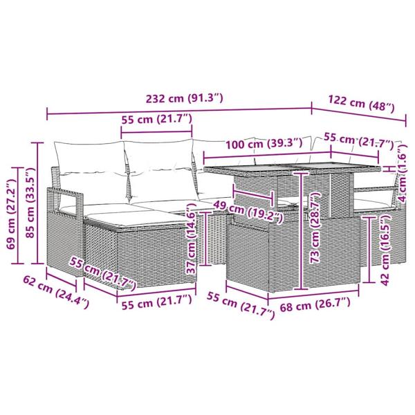 7-teiliges Garten Sofa Set mit Kissen Schwarz Poly Rattan Akazie, 2-Sitzer Garten Sofa mit Kissen Schwarz Poly Rattan
