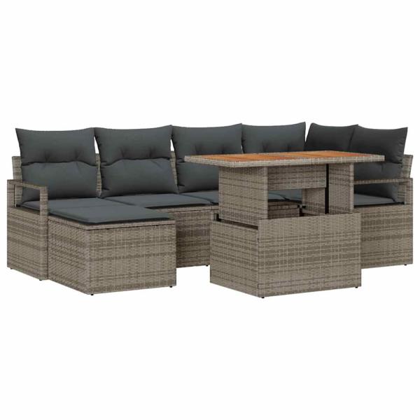 7-teiliges Garten Sofa Set mit Kissen Grau Poly Rattan Akazie, 2-Sitzer Garten Sofa mit Kissen Grau Poly Rattan