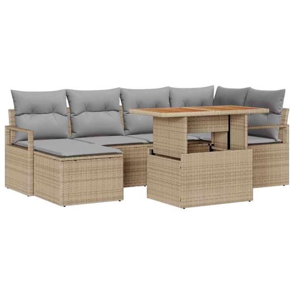 7-teiliges Garten-Sofa-Set mit Kissen Beige Poly Rattan Akazie, 2-Sitzer Garten-Sofa mit Kissen Beige Poly Rattan