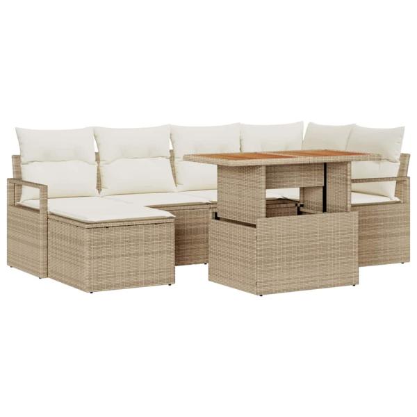 ARDEBO.de - 7-teiliges Garten Sofa Set mit Kissen Beige Poly Rattan Akazie, 2-Sitzer Garten Sofa mit Kissen Beige Poly Rattan
