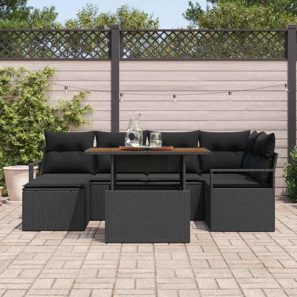 7-teiliges Garten Sofa Set mit Kissen Schwarz Poly Rattan Akazie, 2-Sitzer Garten Sofa mit Kissen Schwarz Poly Rattan