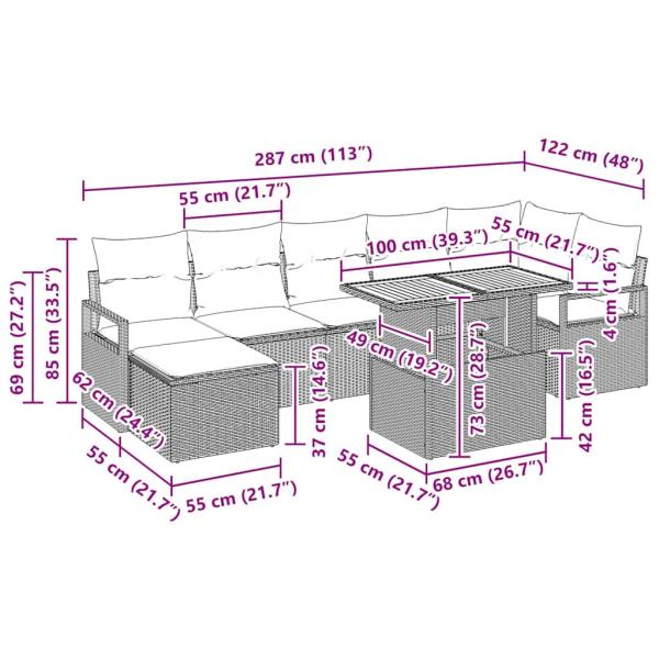 8-teiliges Garten Sofa Set mit Kissen Grau Poly Rattan Akazie, 2-Sitzer Garten Sofa mit Kissen Grau Poly Rattan