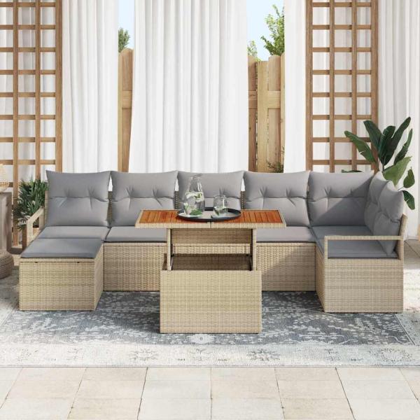 8-teiliges Garten Sofa Set mit Kissen Beige Poly Rattan Akazie, 2-Sitzer Garten Sofa mit Kissen Beige Poly Rattan