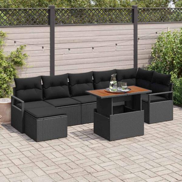 ARDEBO.de - 8-teiliges Garten Sofa Set mit Kissen Schwarz Poly Rattan Akazie, 2-Sitzer Garten Sofa mit Kissen Schwarz Poly Rattan
