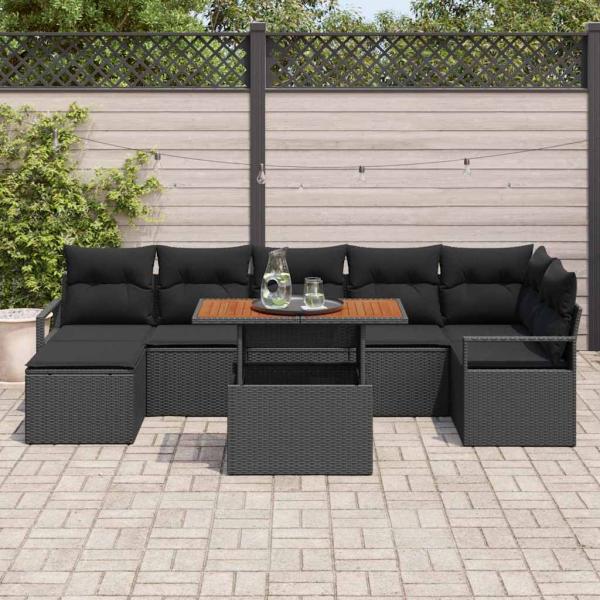 8-teiliges Garten Sofa Set mit Kissen Schwarz Poly Rattan Akazie, 2-Sitzer Garten Sofa mit Kissen Schwarz Poly Rattan