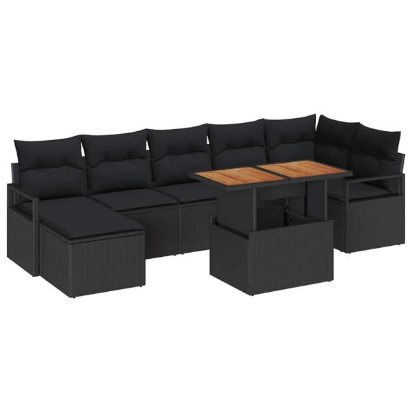 8-teiliges Garten Sofa Set mit Kissen Schwarz Poly Rattan Akazie, 2-Sitzer Garten Sofa mit Kissen Schwarz Poly Rattan
