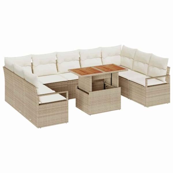 10-teiliges Garten-Sofa-Set mit Kissen Beige Poly-Rattan Akazie, 2-Sitzer Garten-Sofa mit Kissen Beige Poly-Rattan