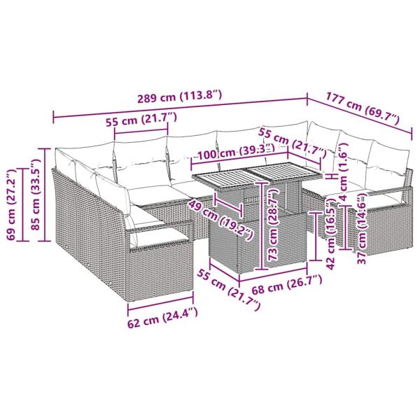 10-teiliges Garten-Sofa-Set mit Kissen Beige Poly-Rattan Akazie, 2-Sitzer Garten-Sofa mit Kissen Beige Poly-Rattan