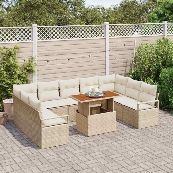 10-teiliges Garten-Sofa-Set mit Kissen Beige Poly-Rattan Akazie, 2-Sitzer Garten-Sofa mit Kissen Beige Poly-Rattan