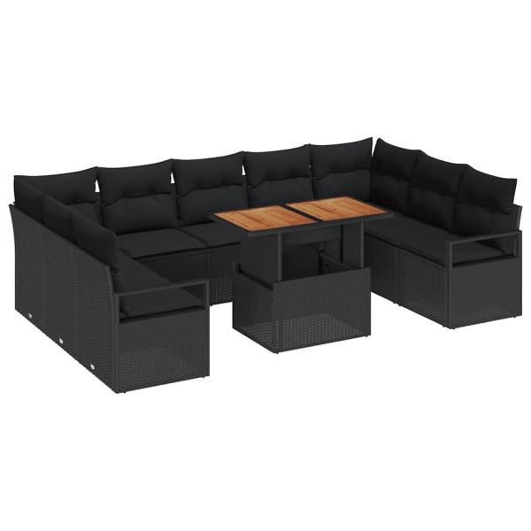 10-teiliges Garten Sofa Set mit Kissen Schwarz Poly Rattan Akazie, 2-Sitzer Garten Sofa mit Kissen Schwarz Poly Rattan