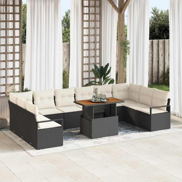 ARDEBO.de - 11-teiliges Garten Sofa Set mit Kissen Schwarz Poly Rattan Akazie, 2-Sitzer Garten Sofa mit Kissen Schwarz Poly Rattan