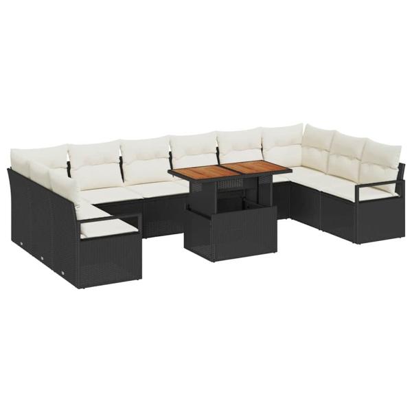 11-teiliges Garten Sofa Set mit Kissen Schwarz Poly Rattan Akazie, 2-Sitzer Garten Sofa mit Kissen Schwarz Poly Rattan