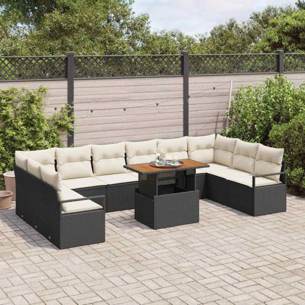 11-teiliges Garten Sofa Set mit Kissen Schwarz Poly Rattan Akazie, 2-Sitzer Garten Sofa mit Kissen Schwarz Poly Rattan