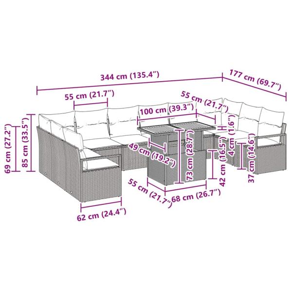 11-teiliges Garten Sofa Set mit Kissen Grau Poly Rattan Akazie, 2-Sitzer Garten Sofa mit Kissen Grau Poly Rattan