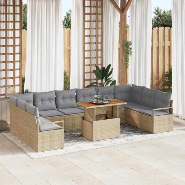 ARDEBO.de - 11-teiliges Garten-Sofaset mit Kissen Beige Poly Rattan Akazie, 2-Sitzer Garten-Sofa mit Kissen Beige Poly Rattan