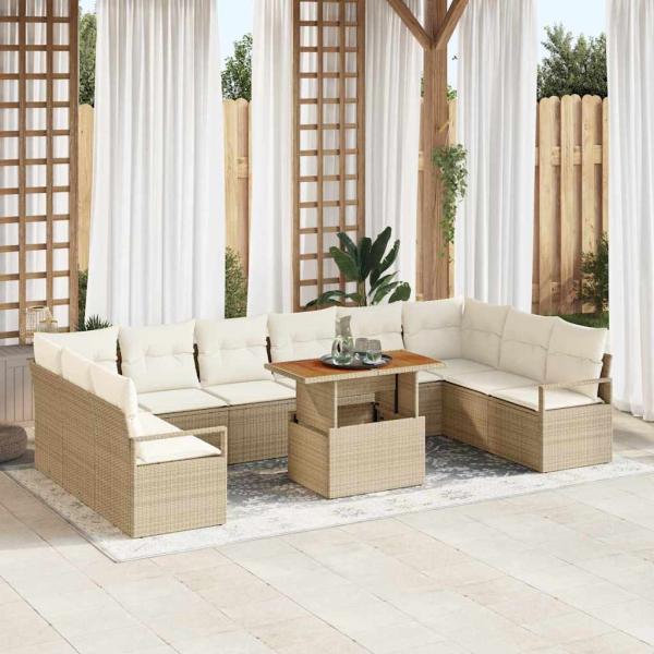 ARDEBO.de - 11-teiliges Garten-Sofa-Set mit Kissen Beige Poly Rattan Akazie, 2-Sitzer Garten-Sofa mit Kissen Beige Poly Rattan