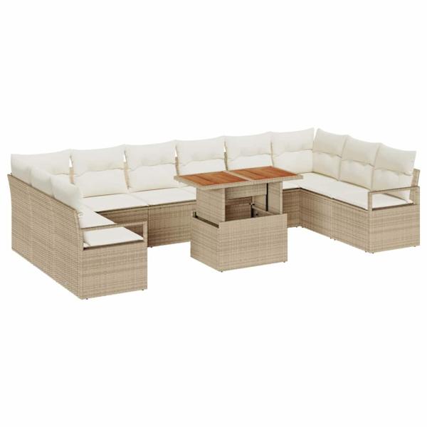 11-teiliges Garten-Sofa-Set mit Kissen Beige Poly Rattan Akazie, 2-Sitzer Garten-Sofa mit Kissen Beige Poly Rattan