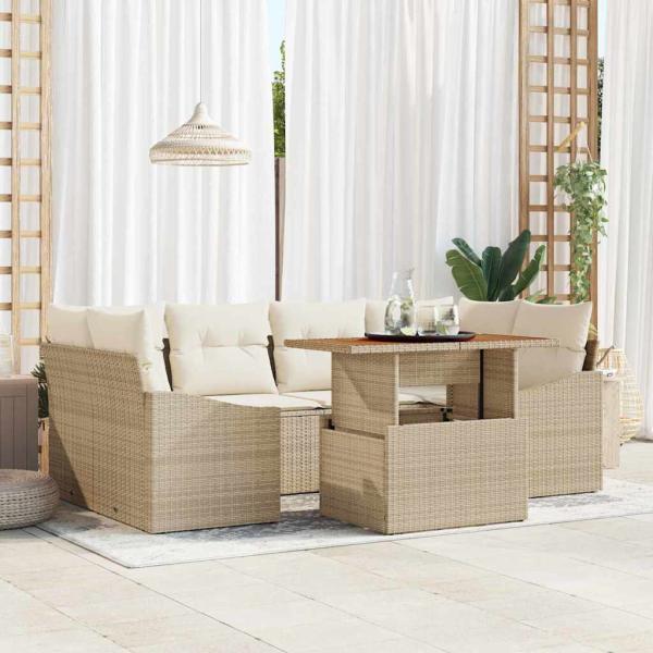 ARDEBO.de - 7-teiliges Garten-Esszimmer-Set mit Kissen Beige Poly Rattan Akazie