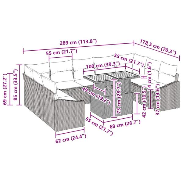 10-teiliges Garten Essgruppe mit Polstern Schwarz Poly Rattan Akazie