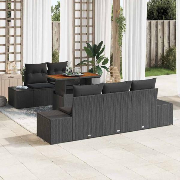 ARDEBO.de - 6-teilige Gartentischgruppe mit Kissen Schwarz Poly Rattan Akazie