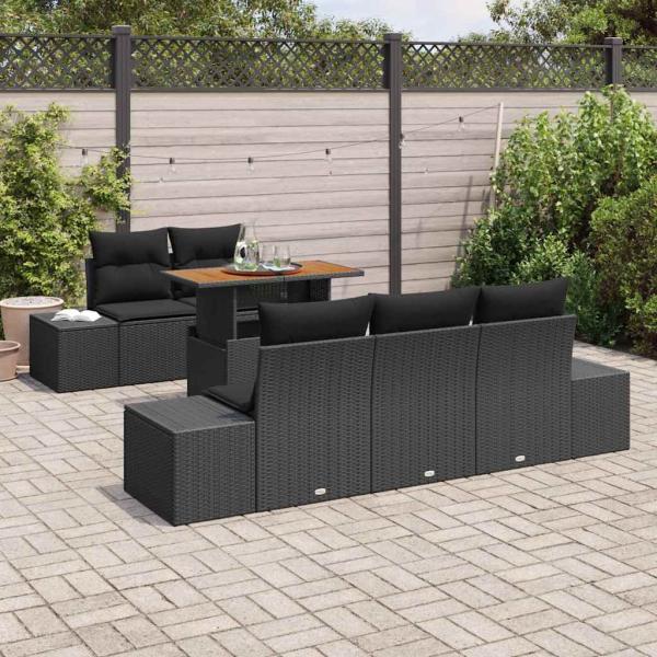 6-teilige Gartentischgruppe mit Kissen Schwarz Poly Rattan Akazie