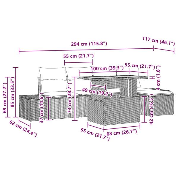 6-teiliges Garten-Esszimmer-Set mit Kissen Grau Poly Rattan Akazie