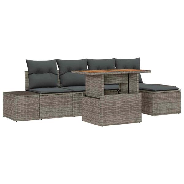 6-teiliges Garten-Esszimmer-Set mit Kissen Grau Poly Rattan Akazie