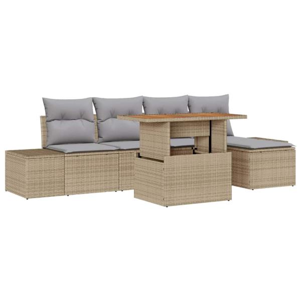 6-teiliges Garten Esszimmer Set mit Kissen Beige Poly Rattan Akazie