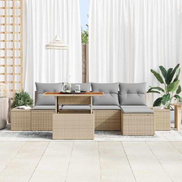 6-teiliges Garten Esszimmer Set mit Kissen Beige Poly Rattan Akazie