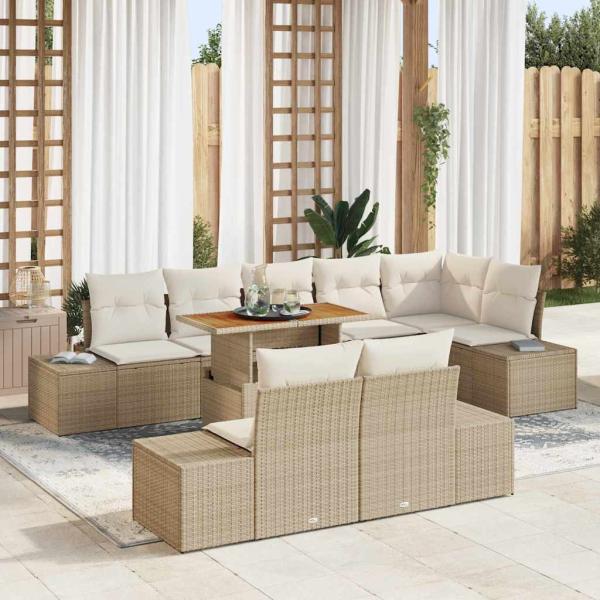 ARDEBO.de - 9-teiliges Garten Essset mit Kissen Beige Poly Rattan Akazienholz