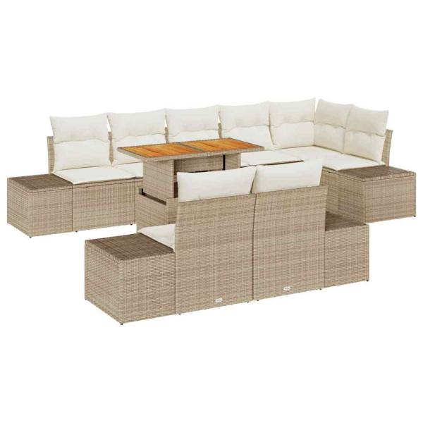 9-teiliges Garten Essset mit Kissen Beige Poly Rattan Akazienholz