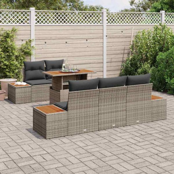 6-teiliges Garten-Esszimmer-Set mit Kissen Grau Poly-Rattan Akazie